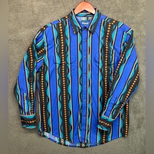 Wrangler Men's Vibrant Blue and Black Patterned Shirt Pearl Snap 90’s